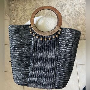 Elegant Black Woven Tote Bag with Wooden Handle